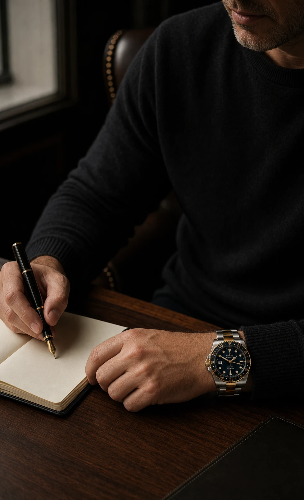 Verón owner wearing the V01 at a writing desk
